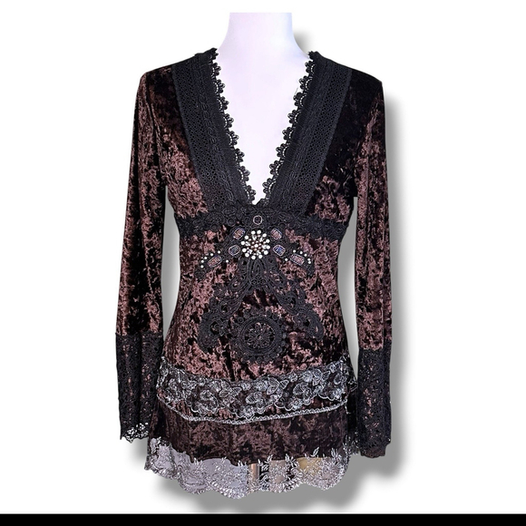 Passion Concepts Tops - Passion Concepts Y2K Crushed Velvet Lace Beaded L/S V-Neck Top Whimsygoth Medium